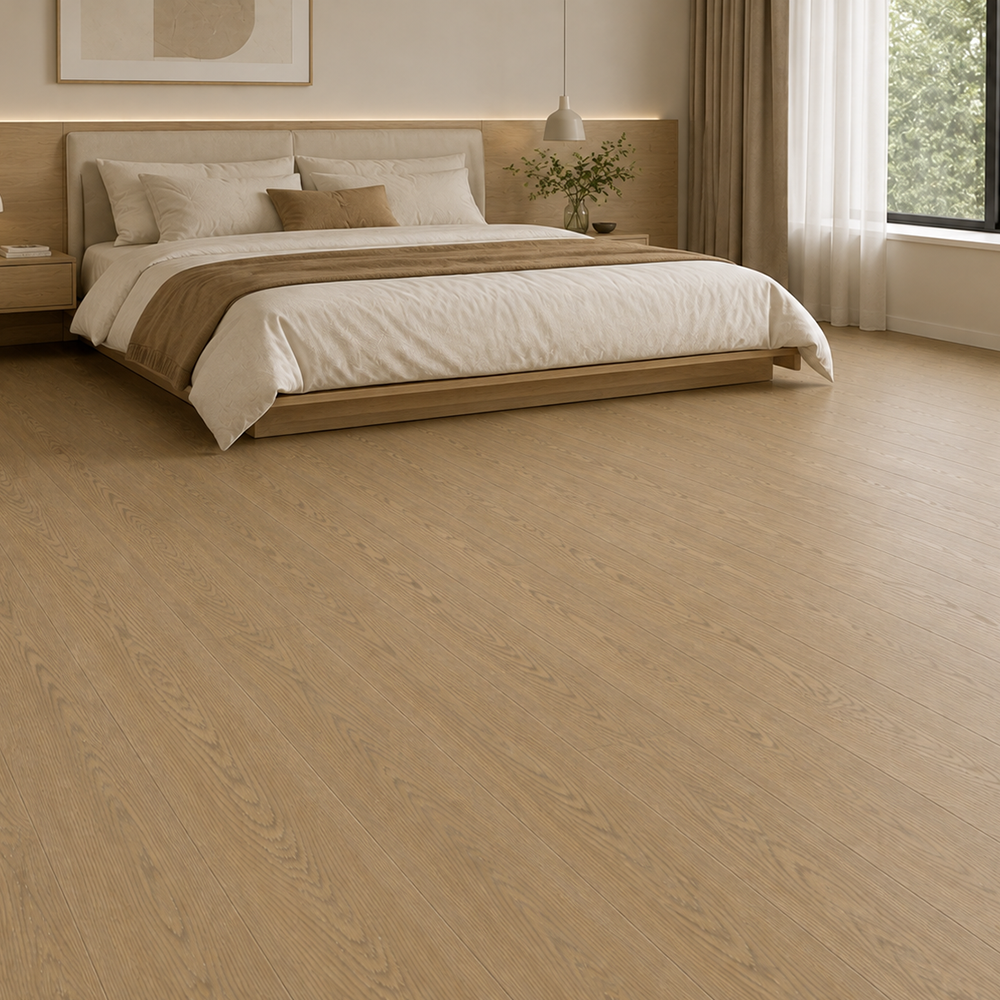 Light-oak multi-layer engineered flooring in a hotel bedroom (project volume)