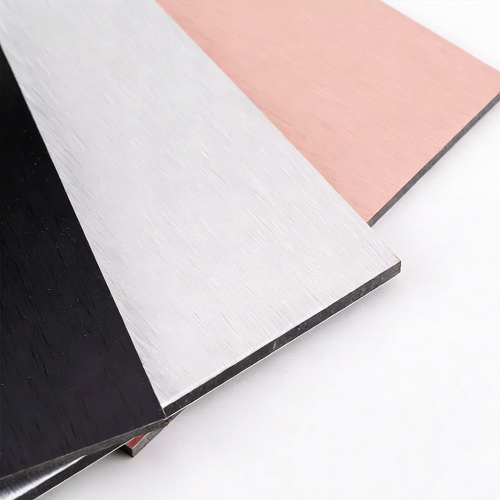 Aluminium composite panels with PVDF interior finishes in black, brushed silver and rose